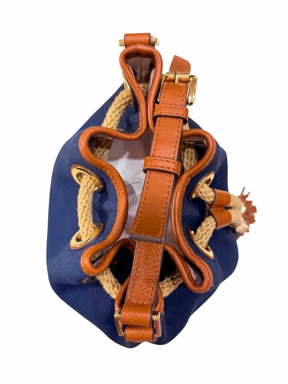 Michael Kors Marina Navy Canvas Tote Tan Leather Trim and Beige Drawstring NWOT